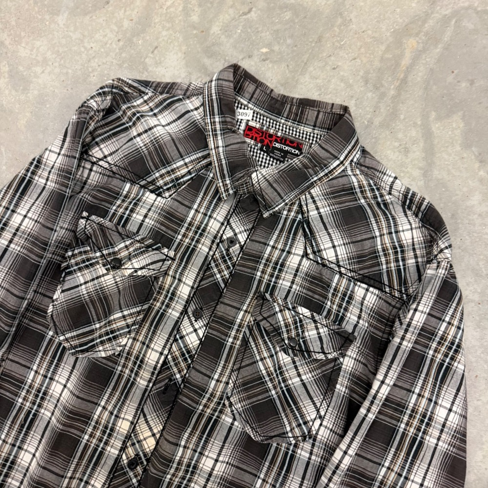 Y2K Mens Distortion Plaid Western Button Up Shirt Grunge Skater Large - Picture 3 of 8